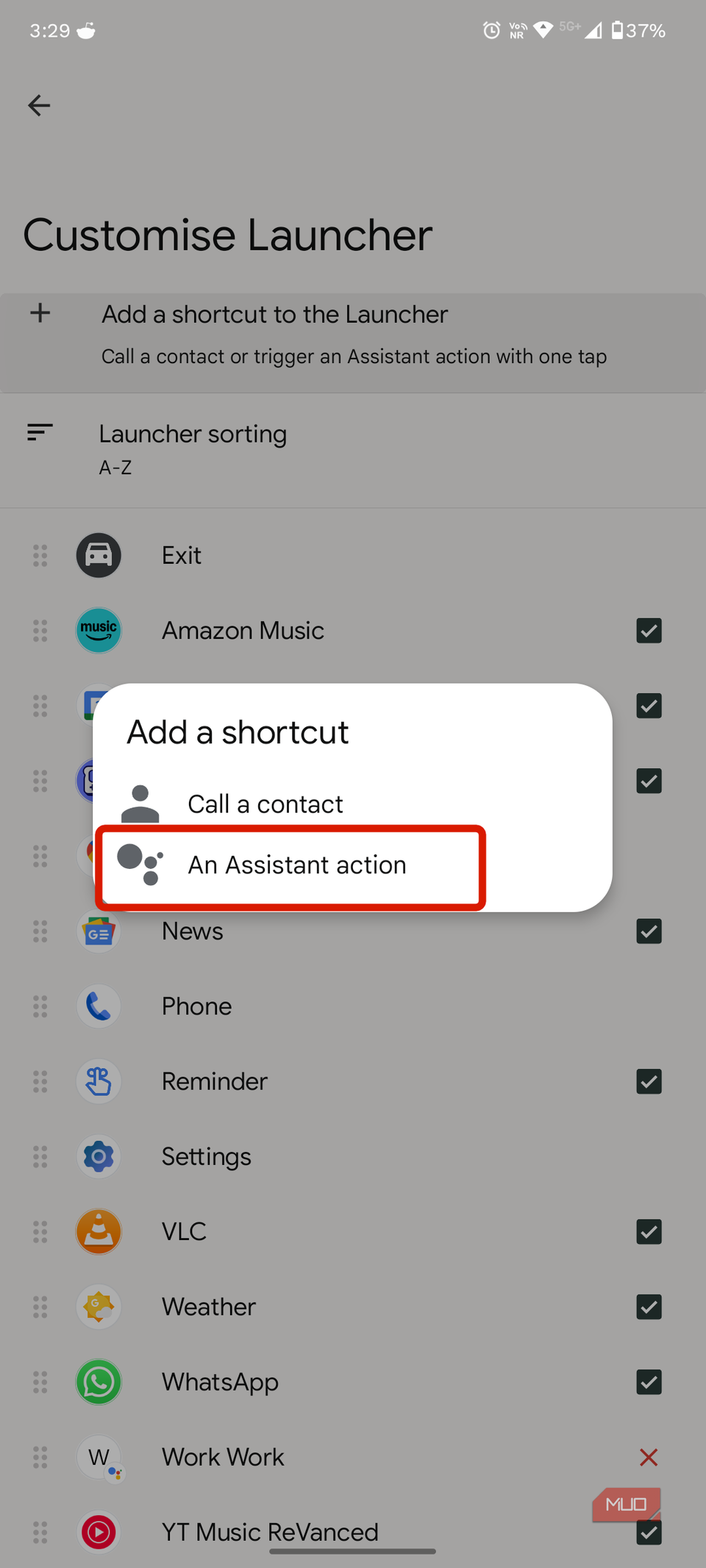 Customised shortcuts settings within Android Auto settings.