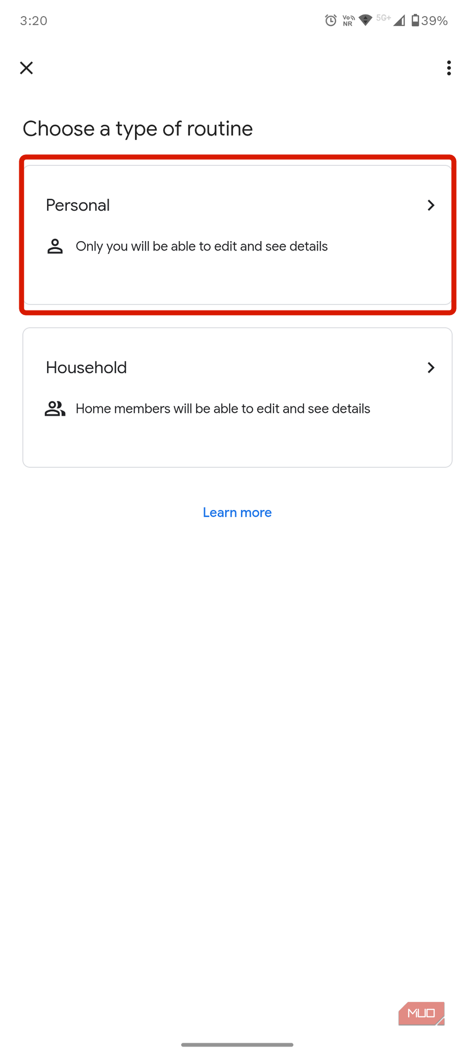 New routine set-up within Assistant Settings.