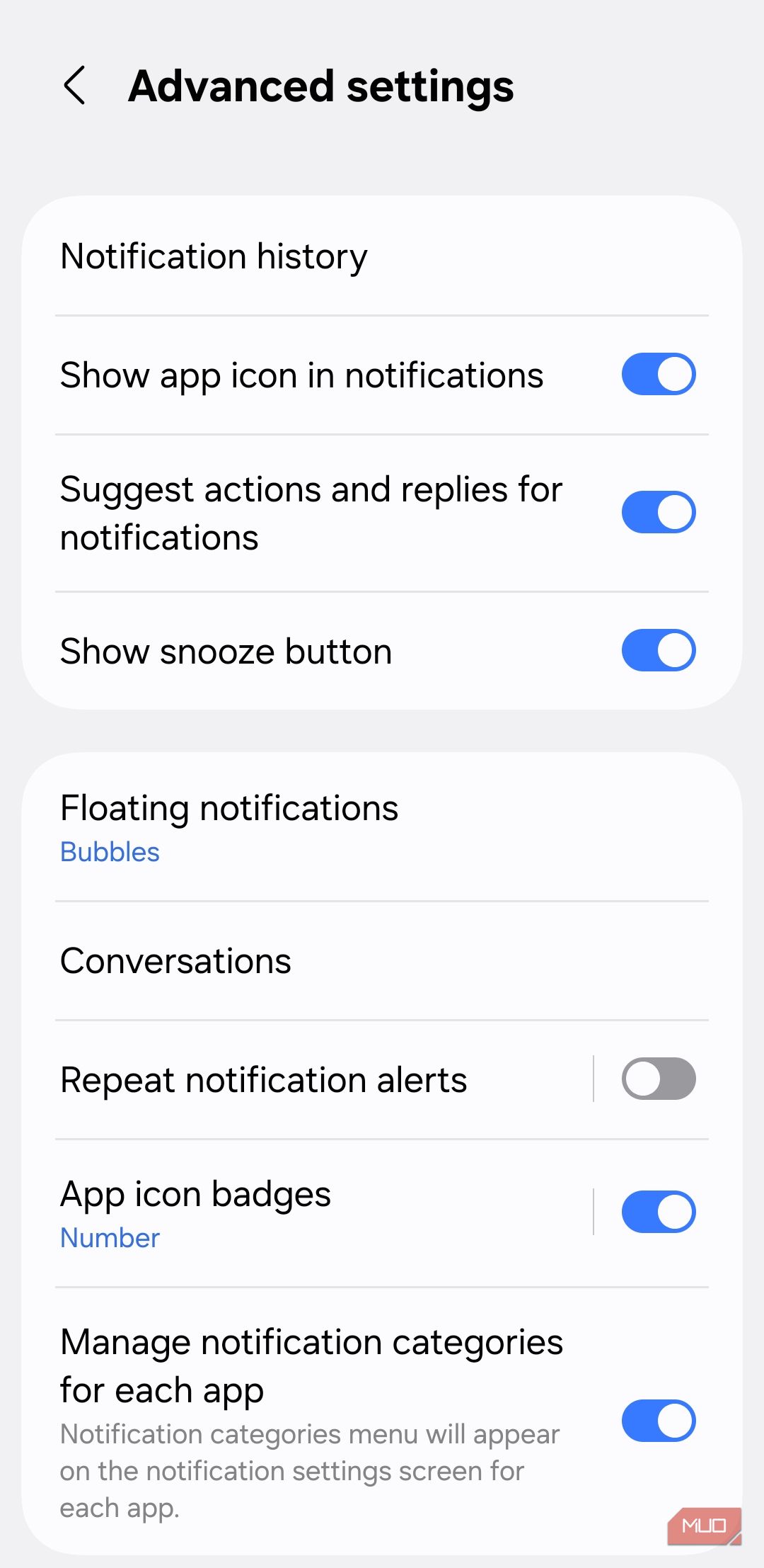 Advanced notification settings on Android phone