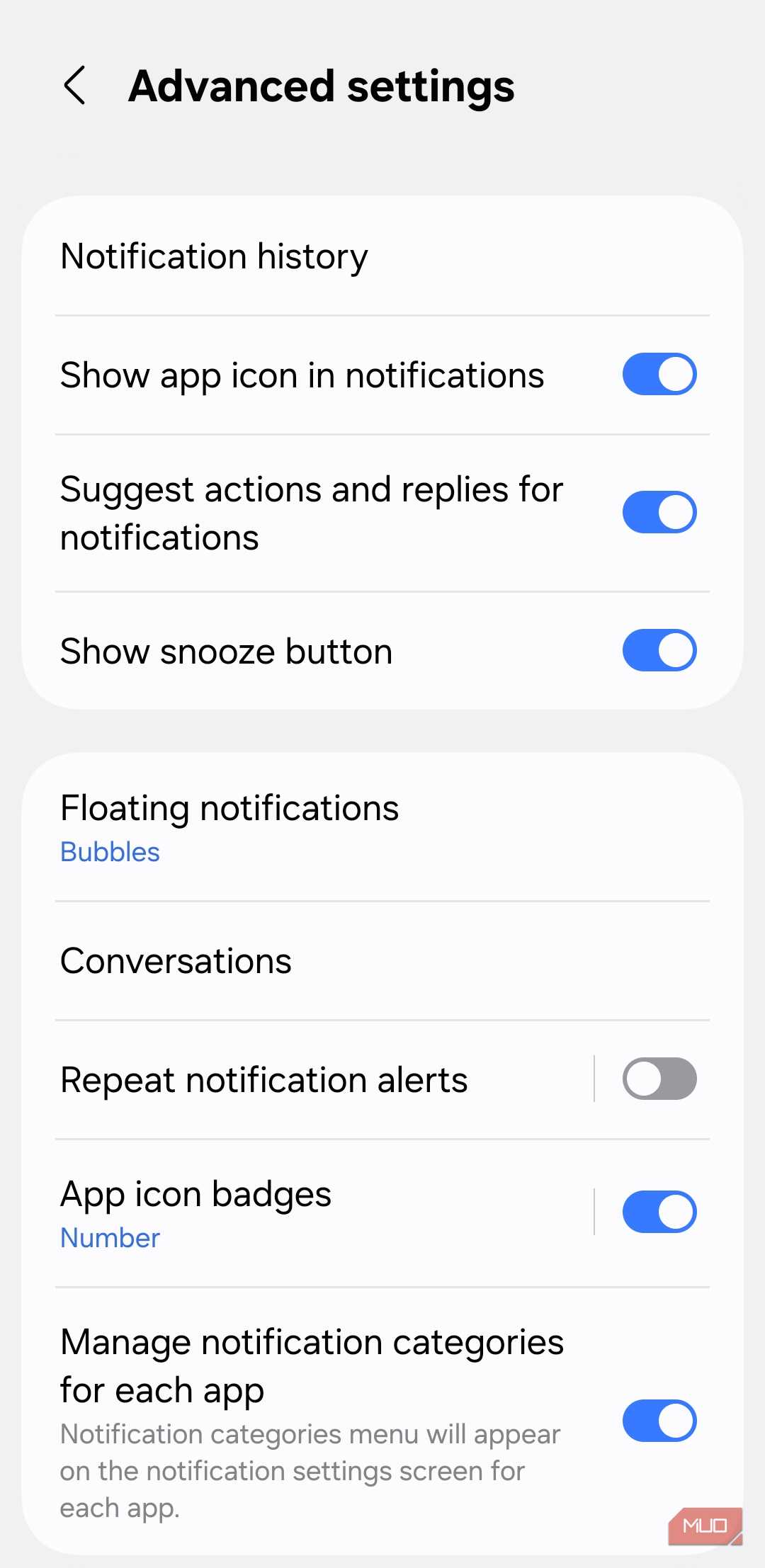 Advanced notification settings on Android phone