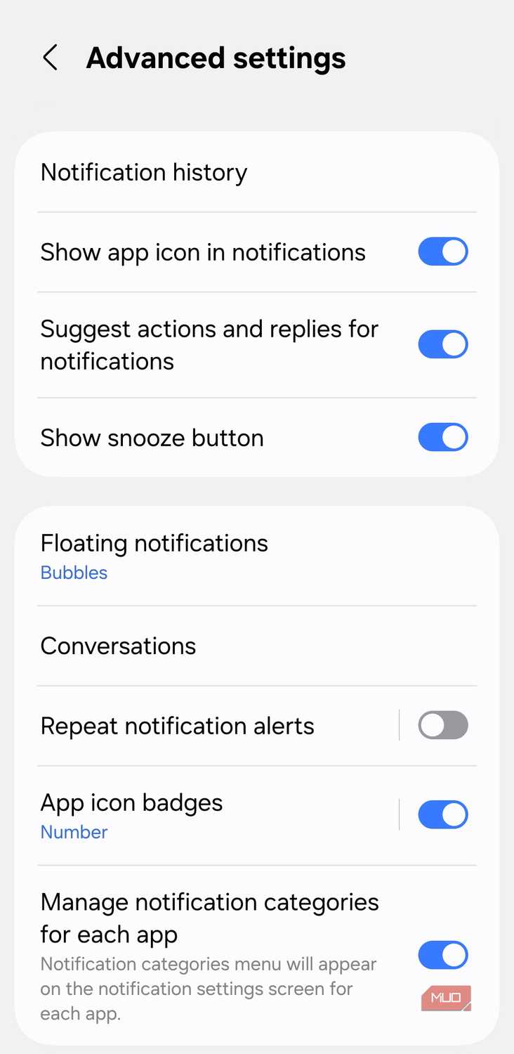 Advanced notification settings on Android phone