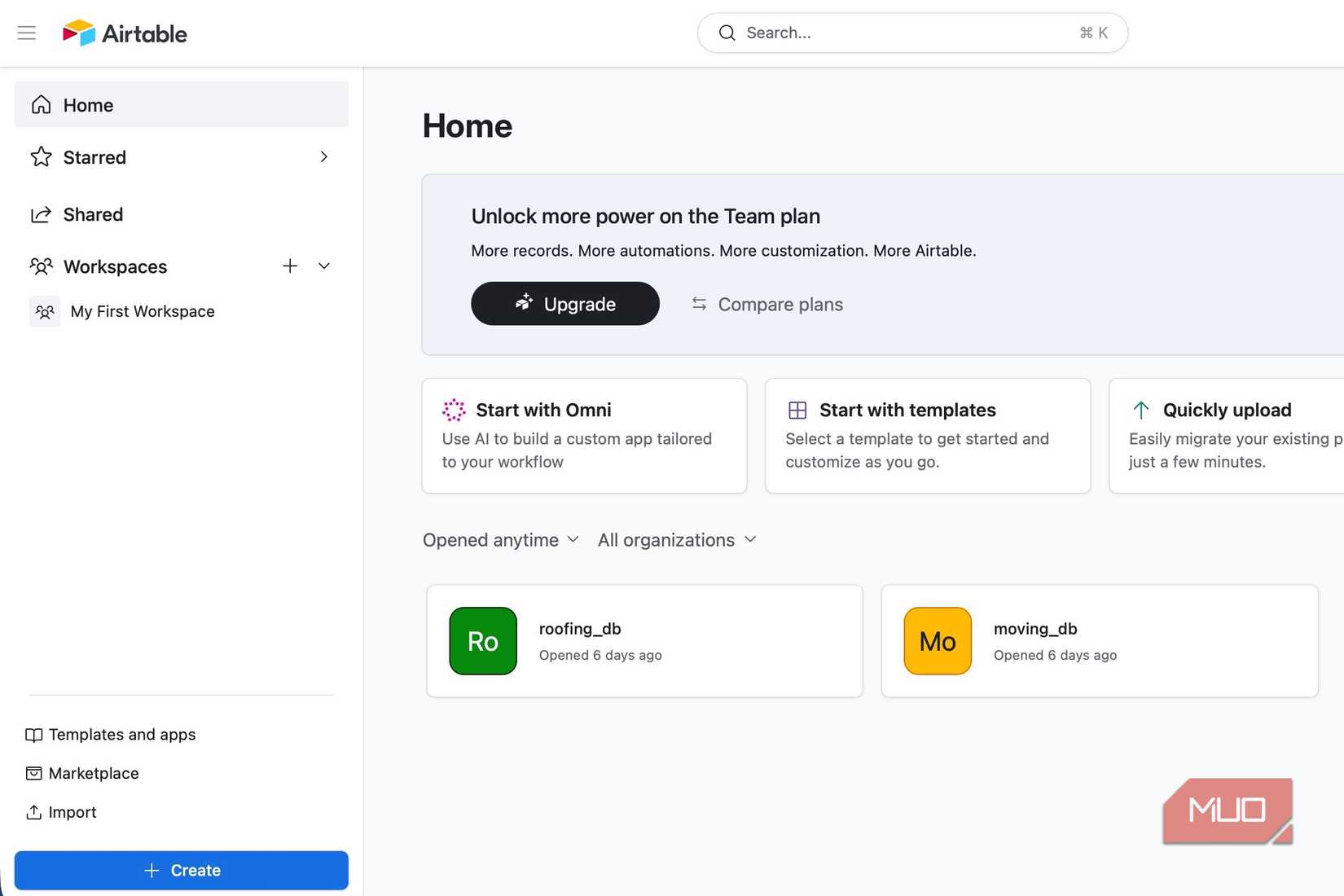 An Airtable homepage on the web.