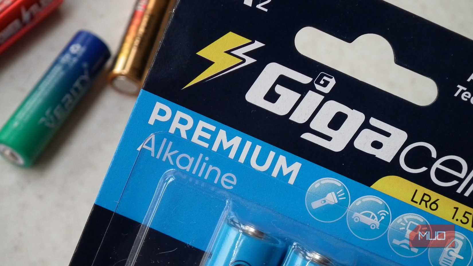 Alkaline batteries showing Premium Alkaline on the packaging