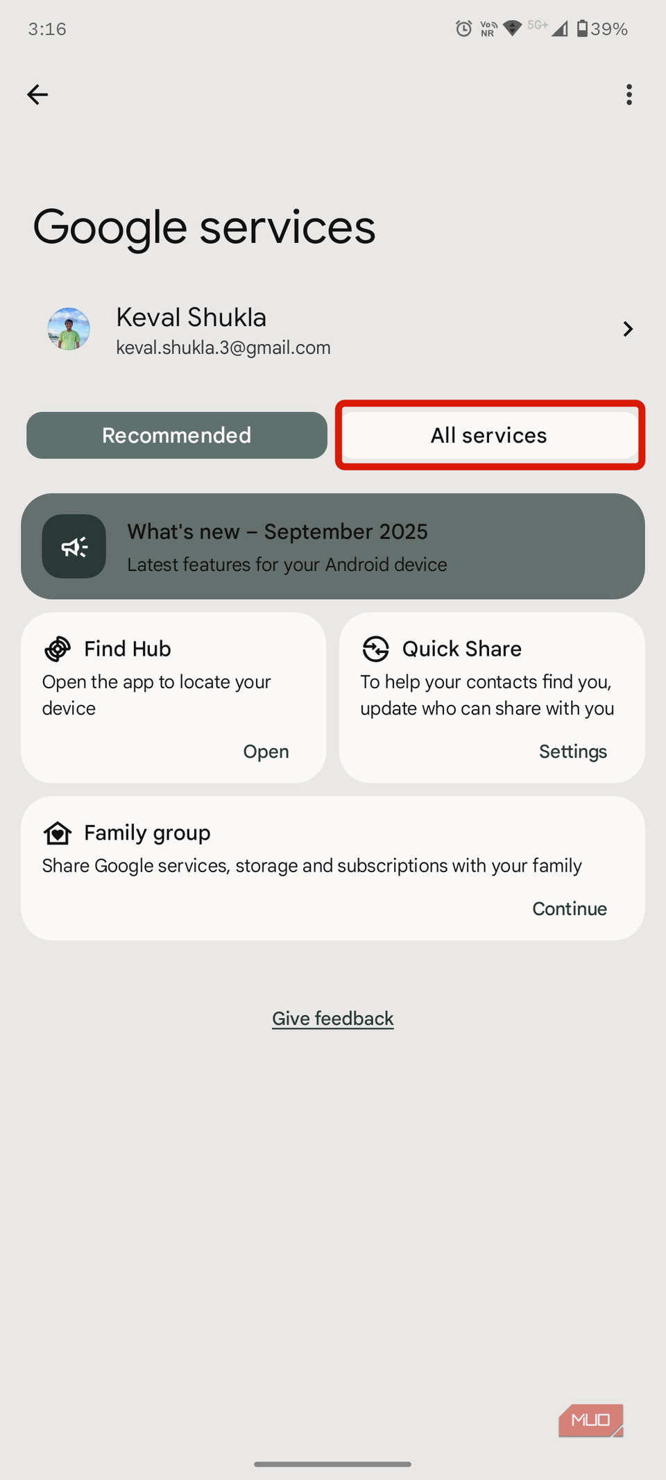 All services settings within Google settings.