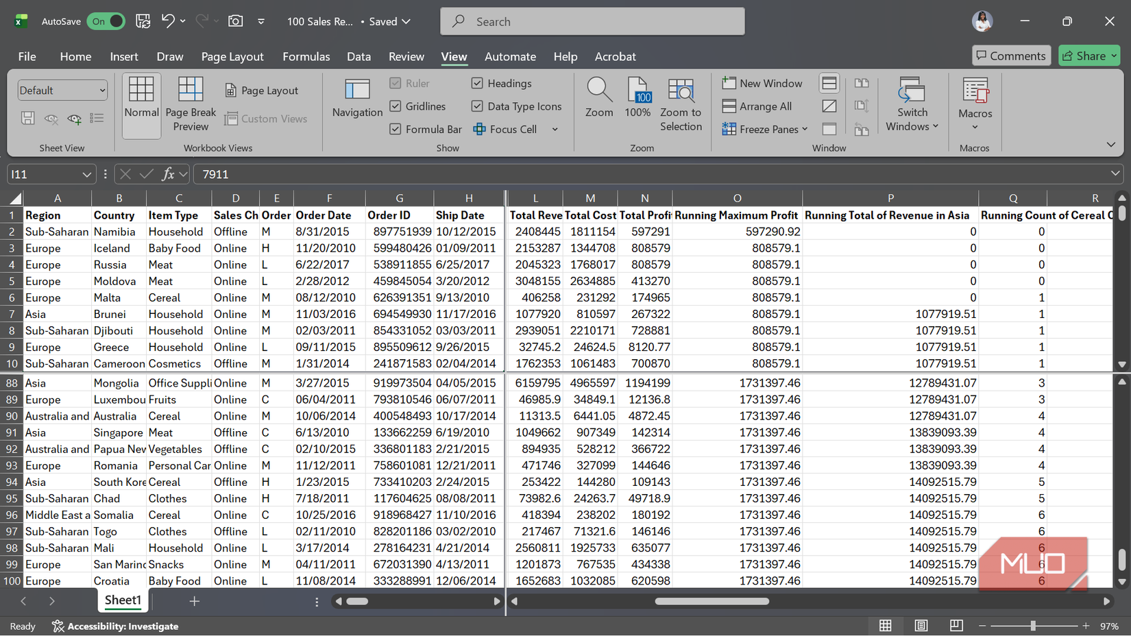 An Excel spreadsheet split into four panes.