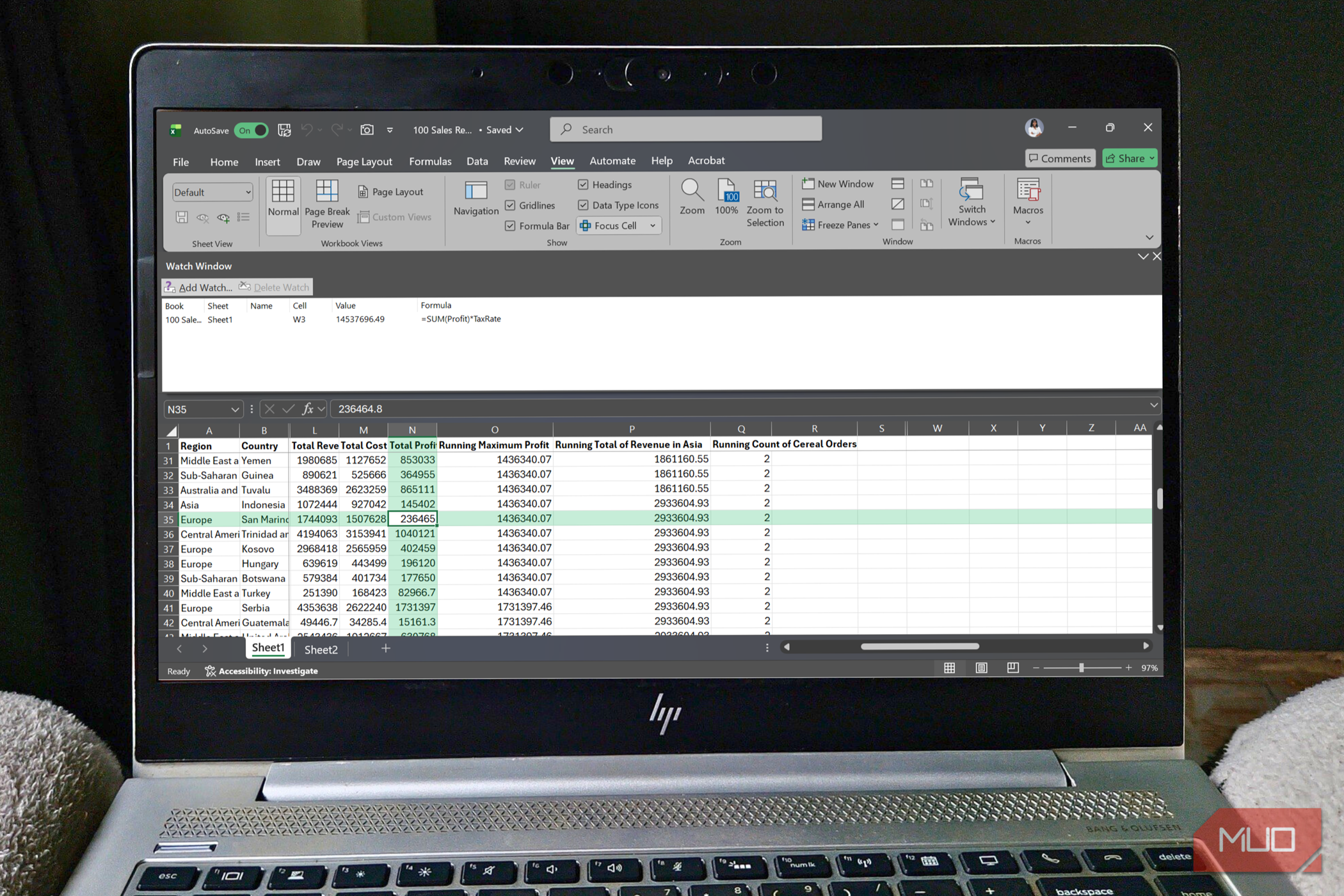 An Excel spreadsheet with focus cell, a watch window pane, and some frozen panes.