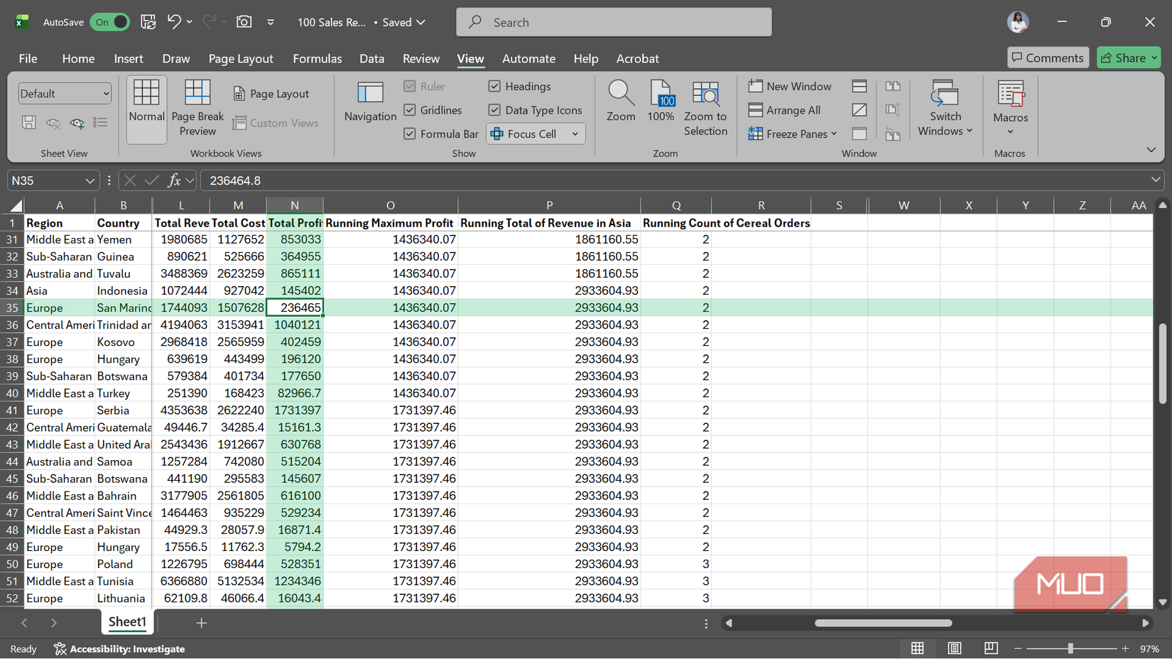 An Excel spreadsheet with focus cell and some frozen panes.