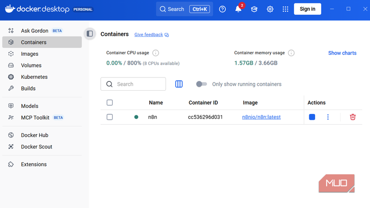 An n8n container running in Docker