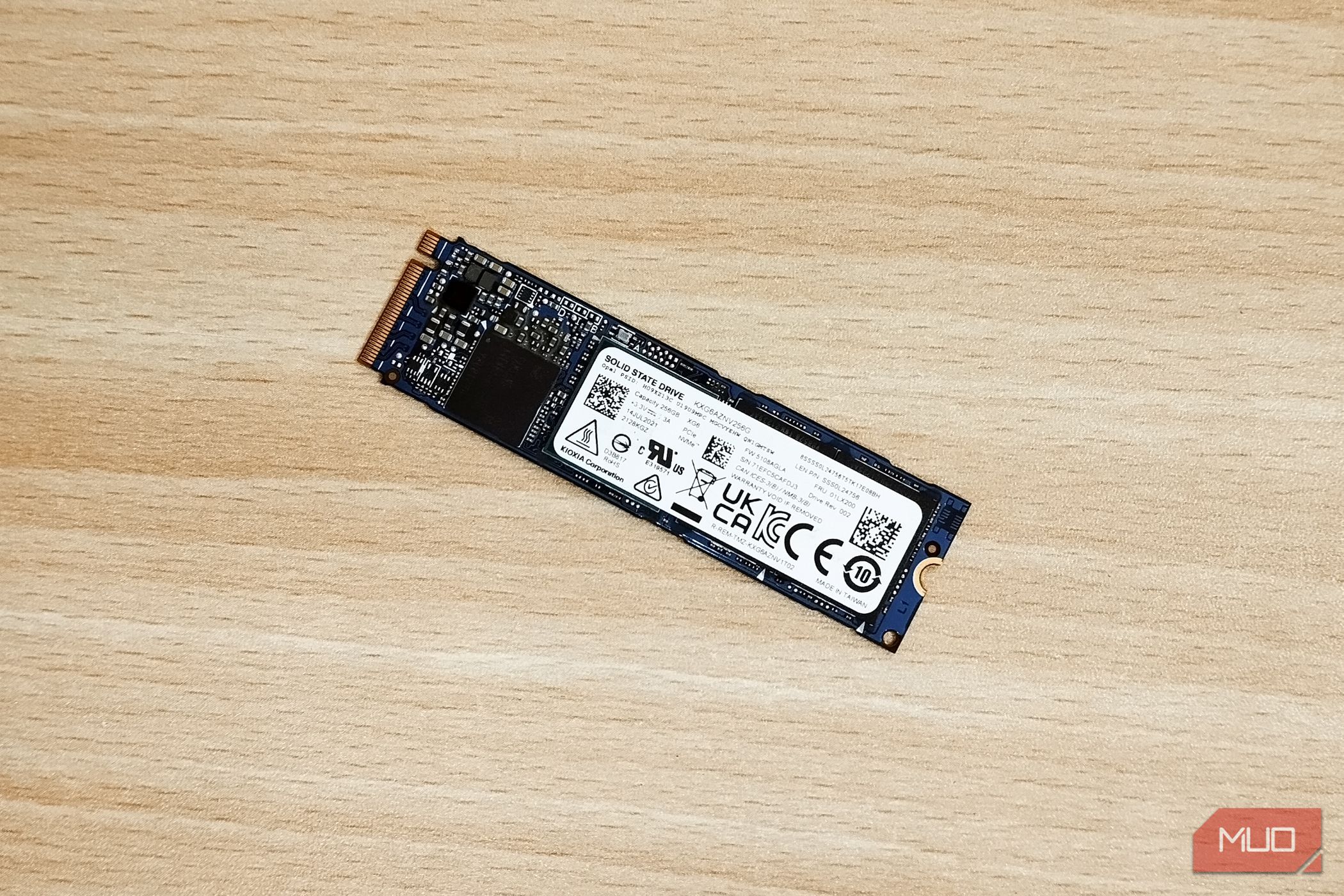 An M.2 NVMe SSD on a table.
