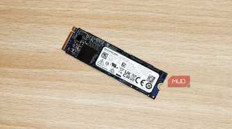 An M.2 NVMe SSD on a table.