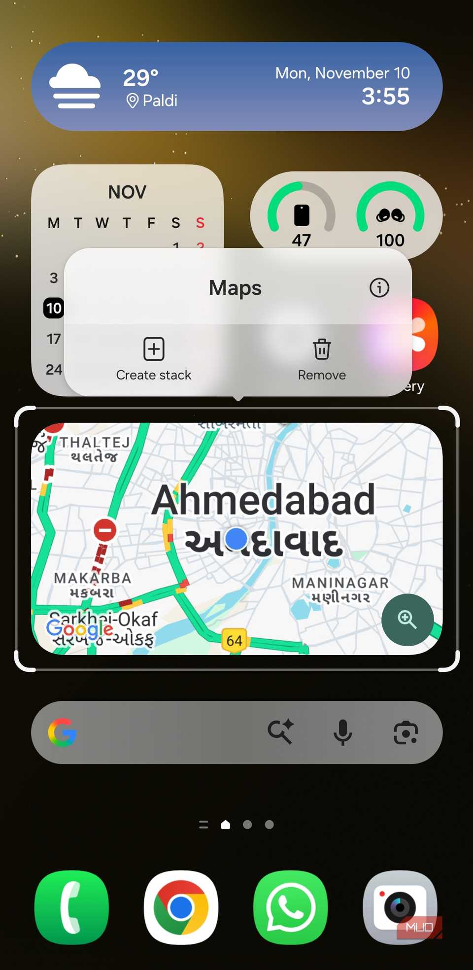 Android home screen showing remove widget option