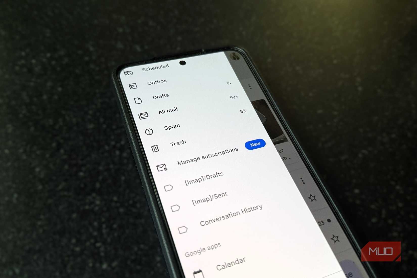 Android phone showing Gmail app menu