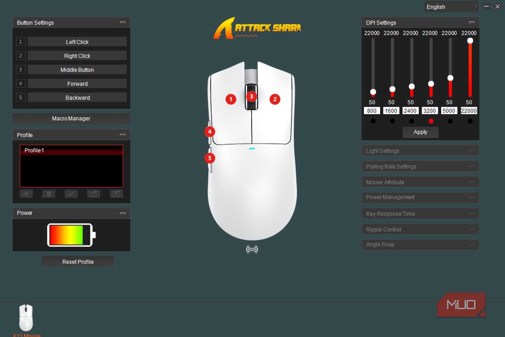 A screenshot of the Attack Shark software, showing the basics of what the mouse is capable of