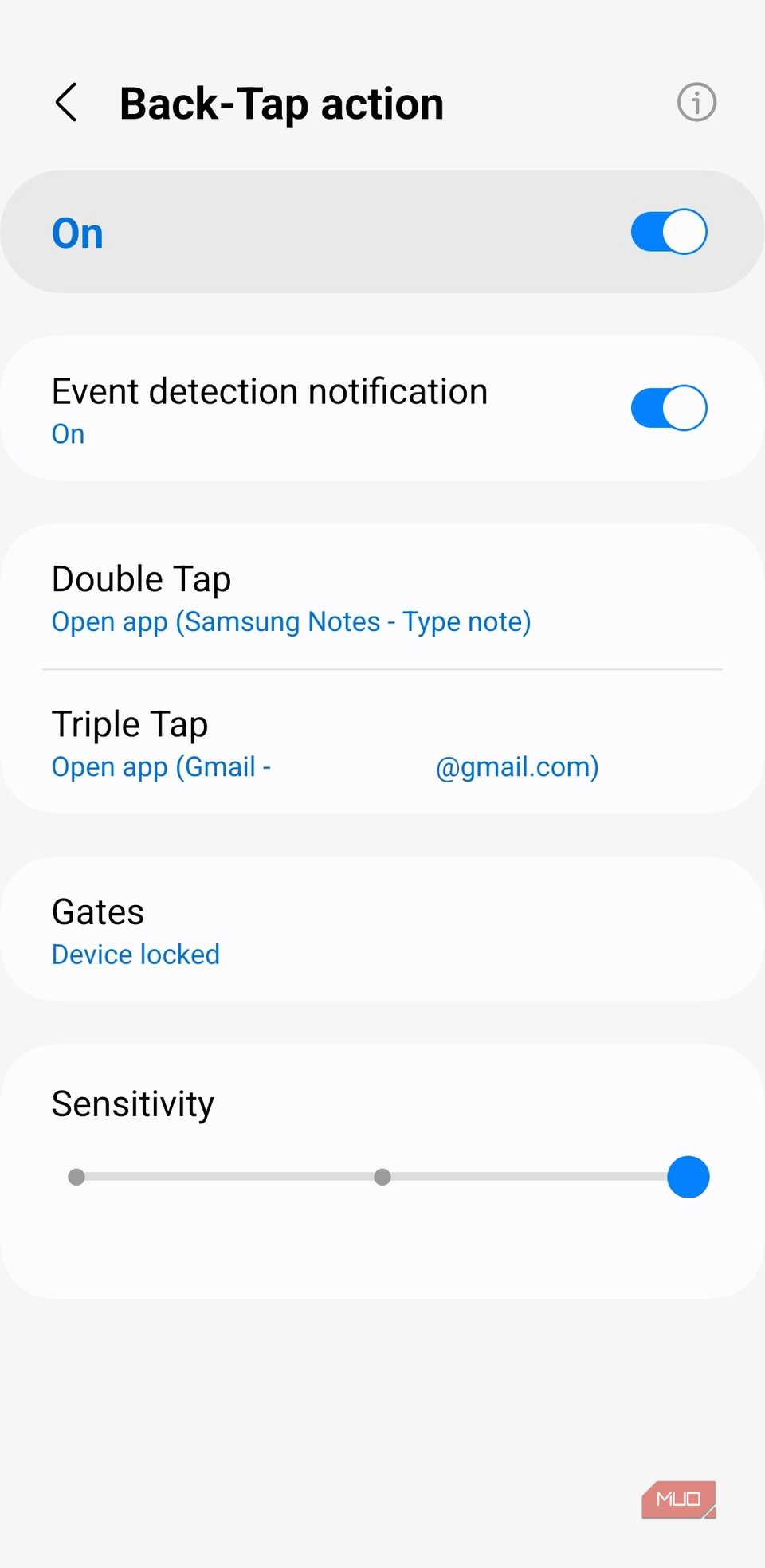 Back tap action menu on Samsung phone