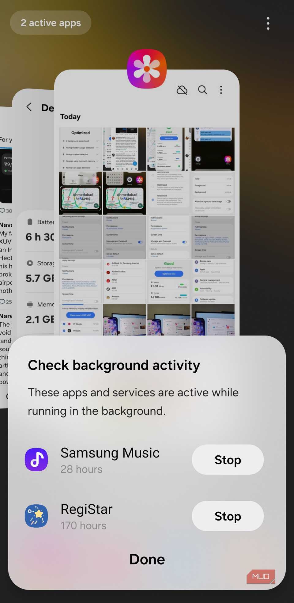 Background app activity menu on Android