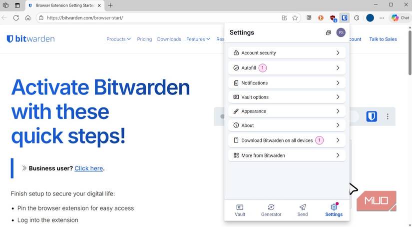 Bitwarden password manager add-on in MS Edge