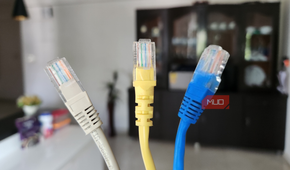 Blue yellow and gray Ethernet cables