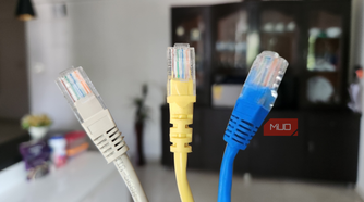 Blue yellow and gray Ethernet cables