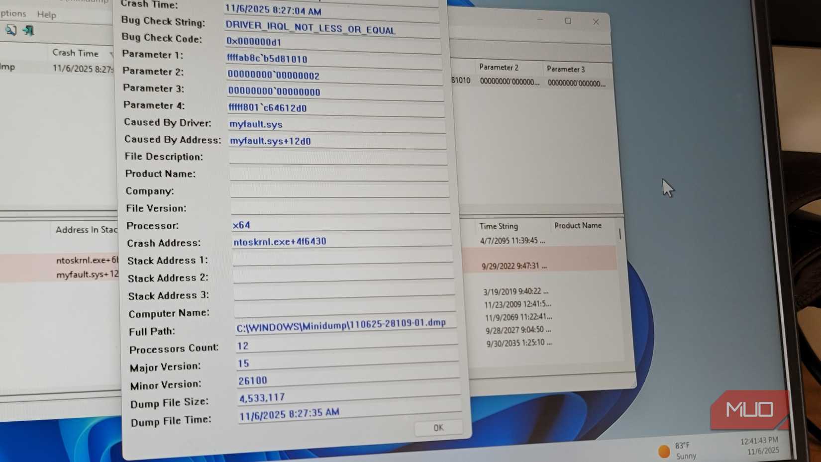 BlueScreenView app open in a HP laptop 
