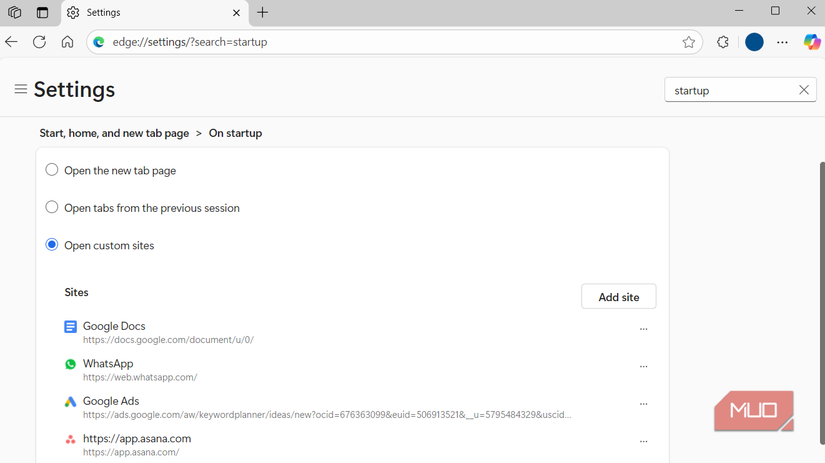 Browser startup settings menu
