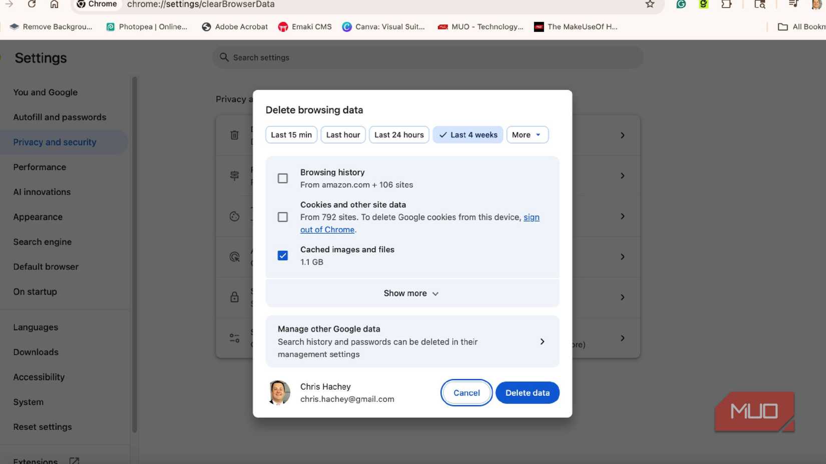 Clearing cache in Google Chrome