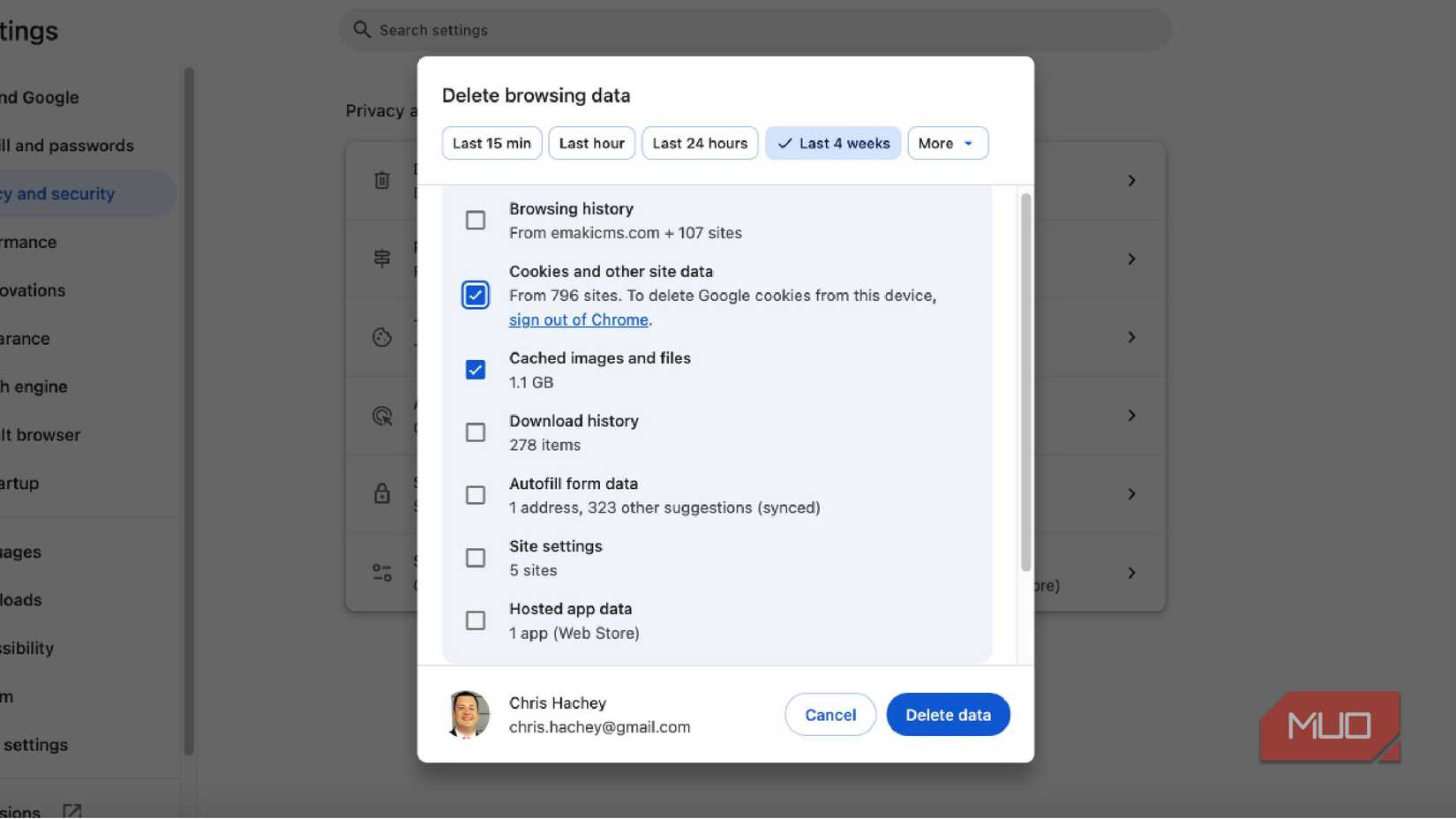 Clearing cache and deleting cookies in Google Chrome
