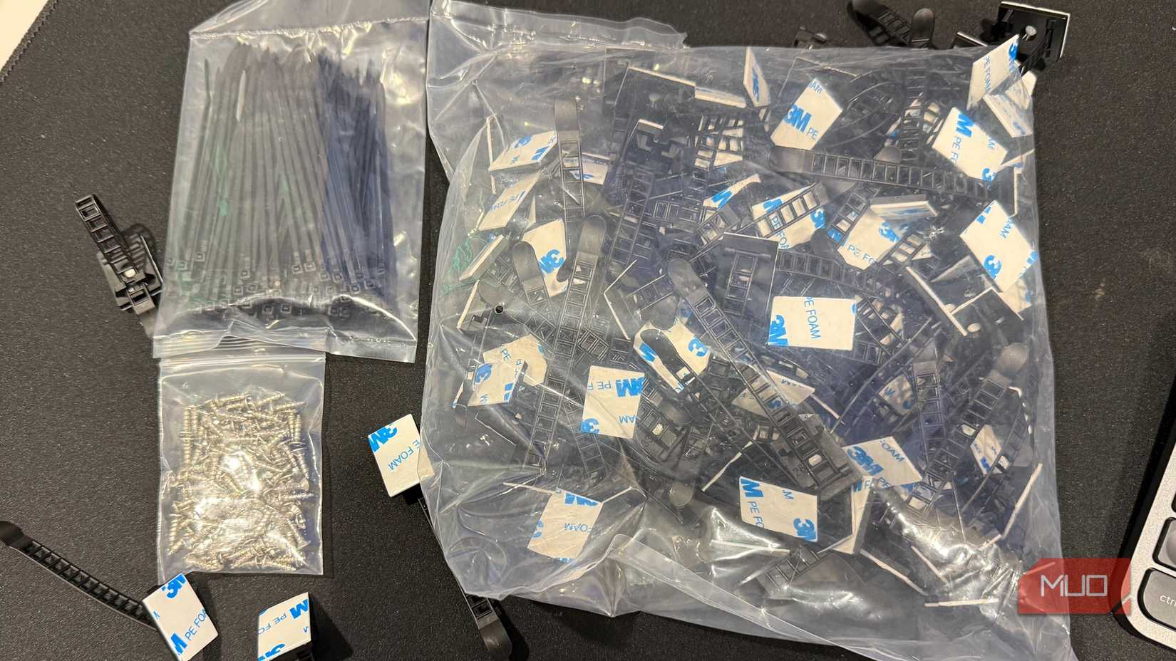 cable clips on desk with zip ties