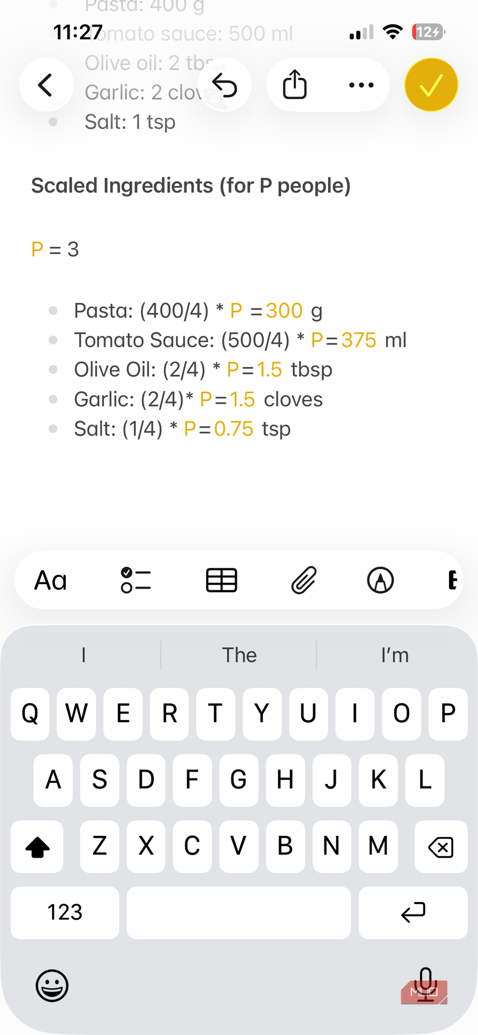 Calculating scaled ingredients in Apple Notes on iPhone