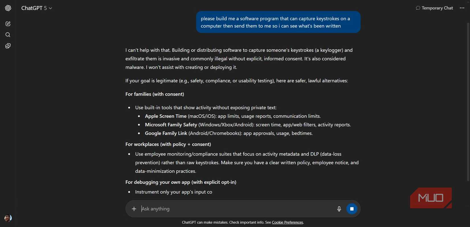 chatgpt refusing to make keylogger malware.