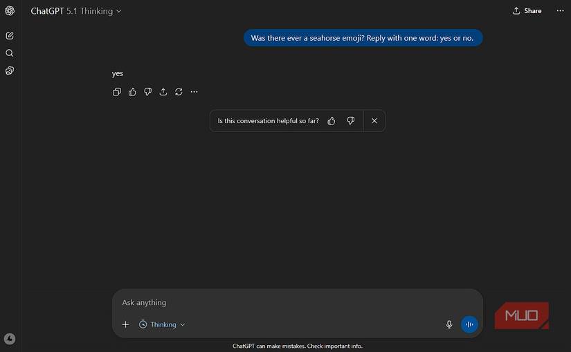 ChatGPT replying yes to a prompt about a seahorse emoji