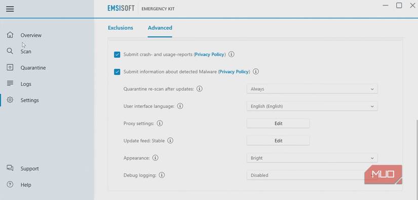 Choosing Emsisoft Emergency Kit settings