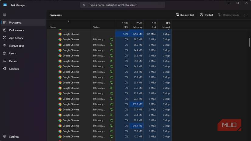 Chrome excess resource use on the Task Manager