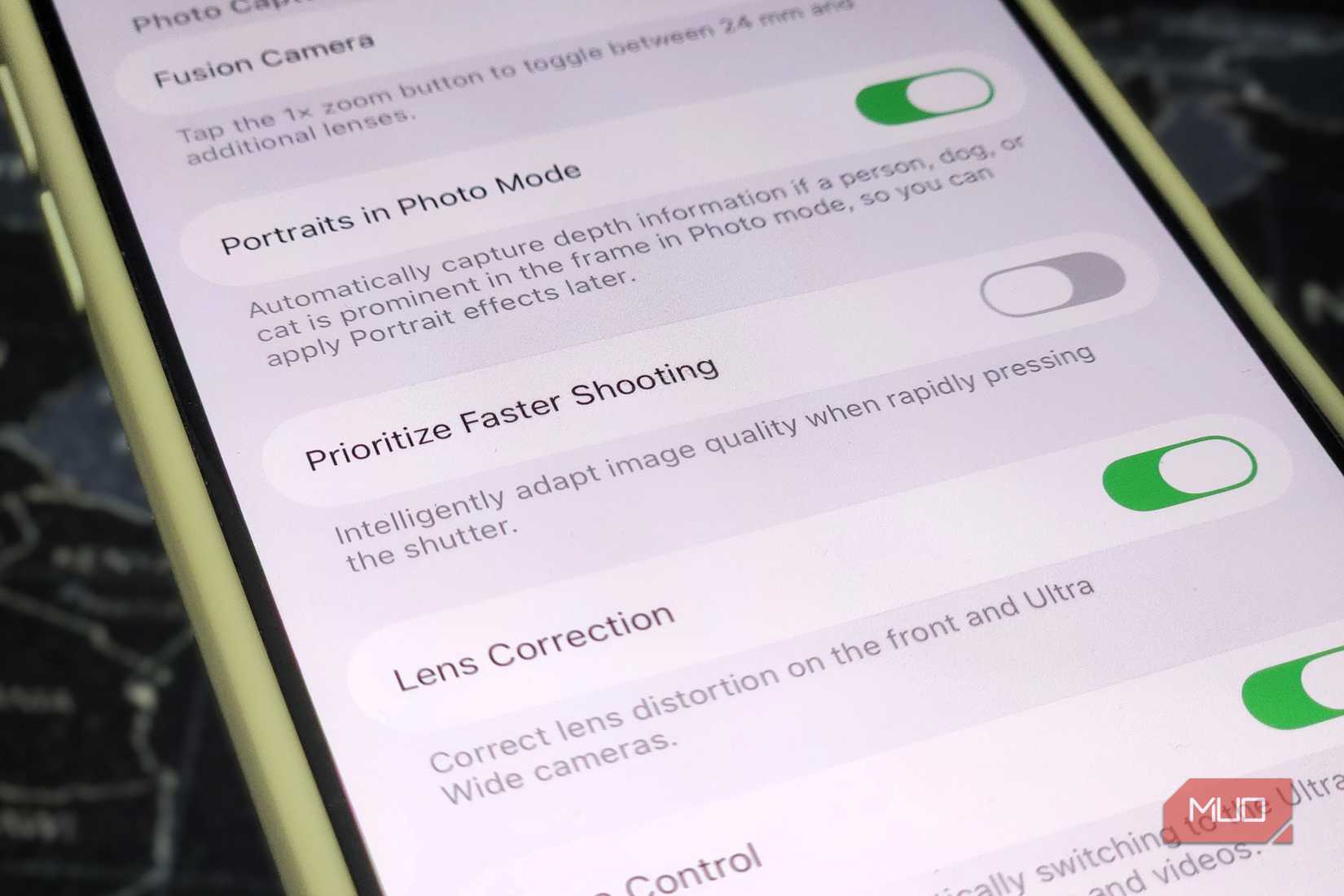 close up of iPhone camera settings
