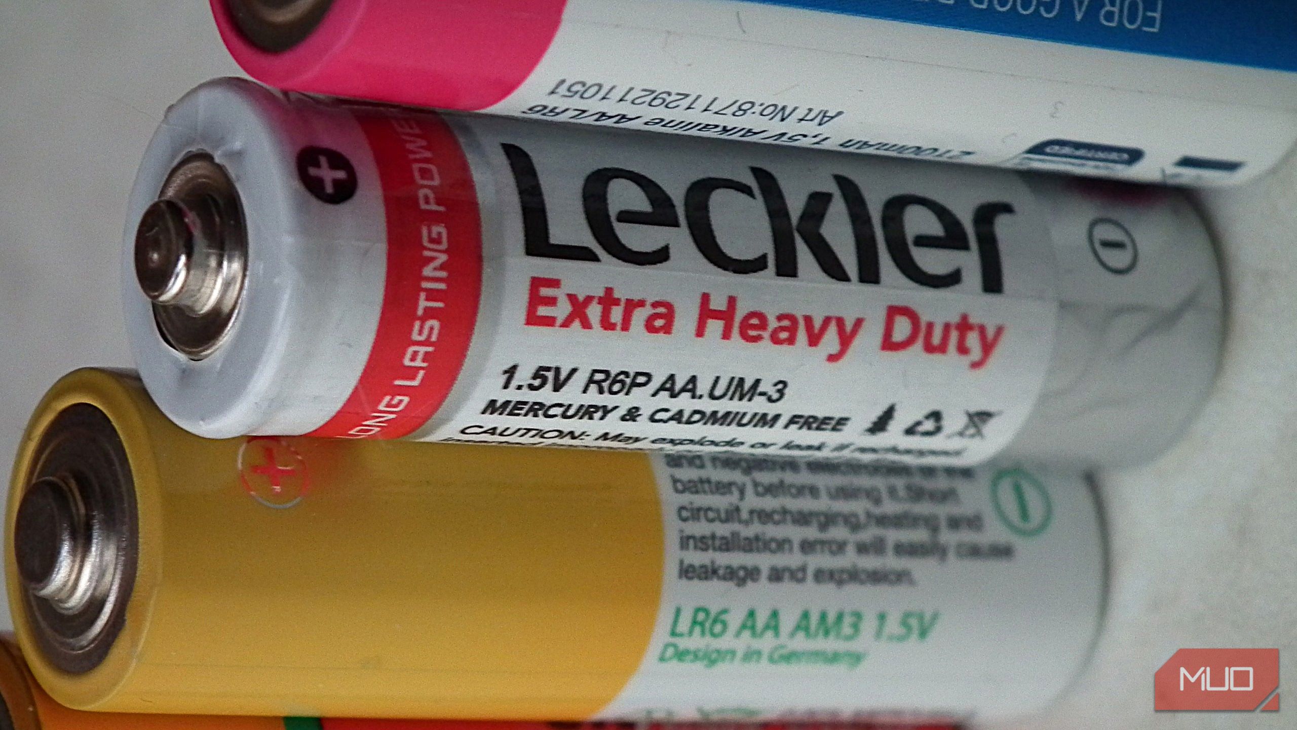 Close up shot of a line of AA batteries