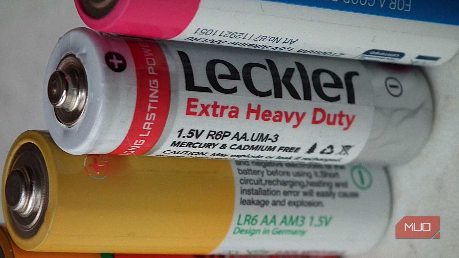 Close up shot of a line of AA batteries