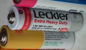 Close up shot of a line of AA batteries