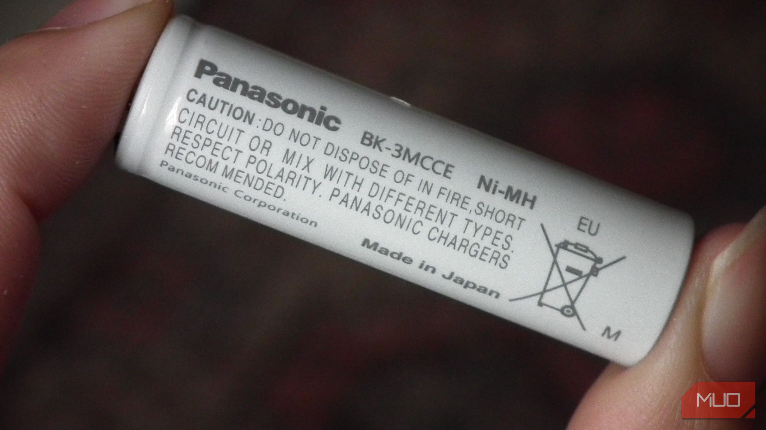 Close up shot of a Panasonic Eneloop AA battery