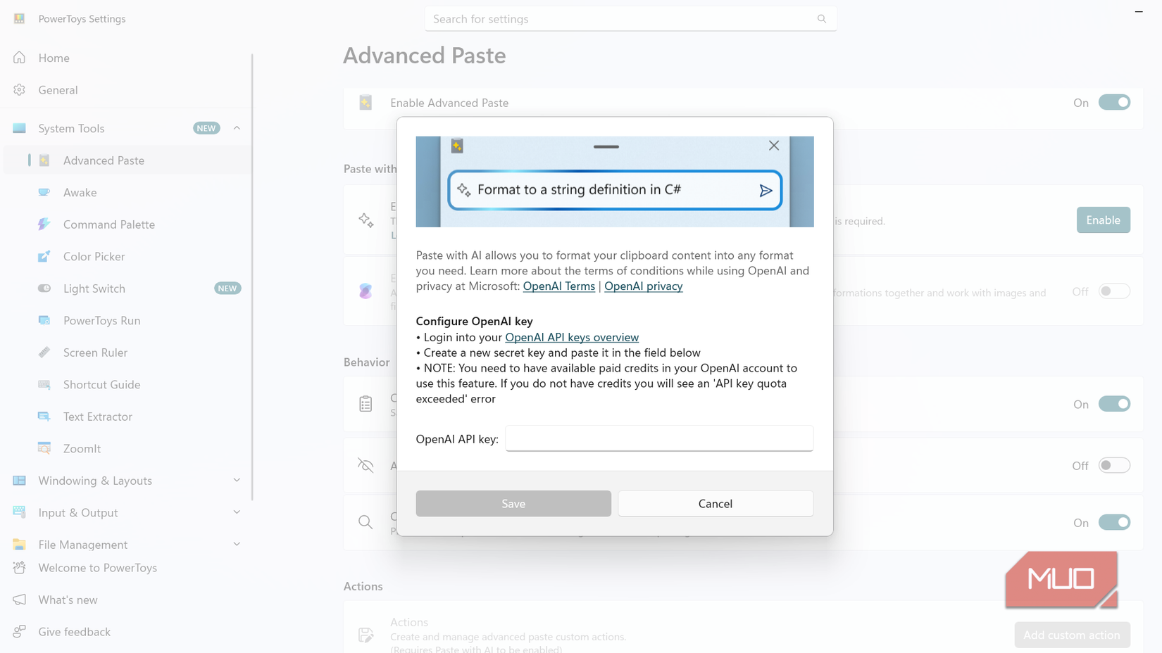 Configure AI API key in Advanced Paste.