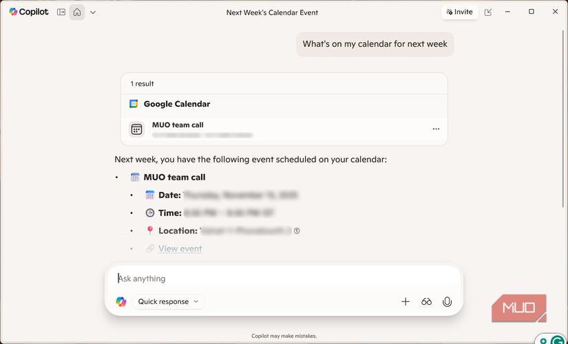 Getting calendar schedule using the Copilot AI. 