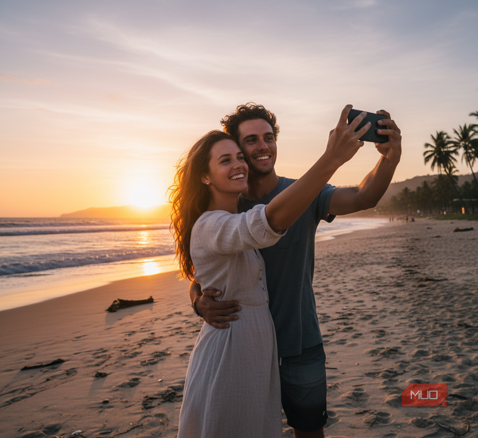 couple taking selfie on beach.