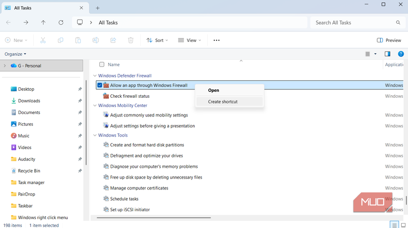 Create shortcut option in God Mode