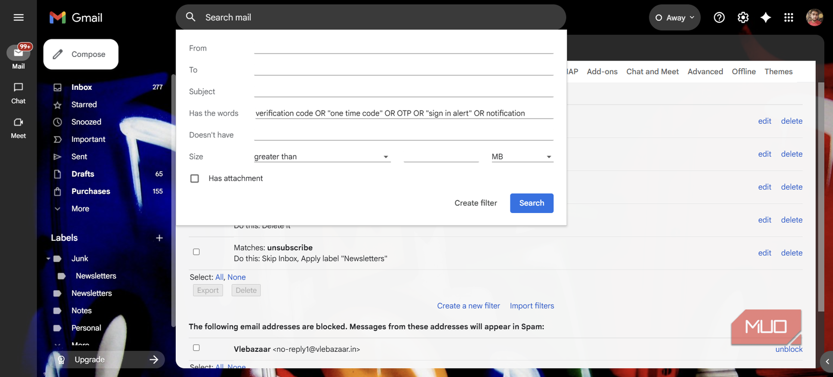 Creating a Gmail filter for one-time codes and verification emails