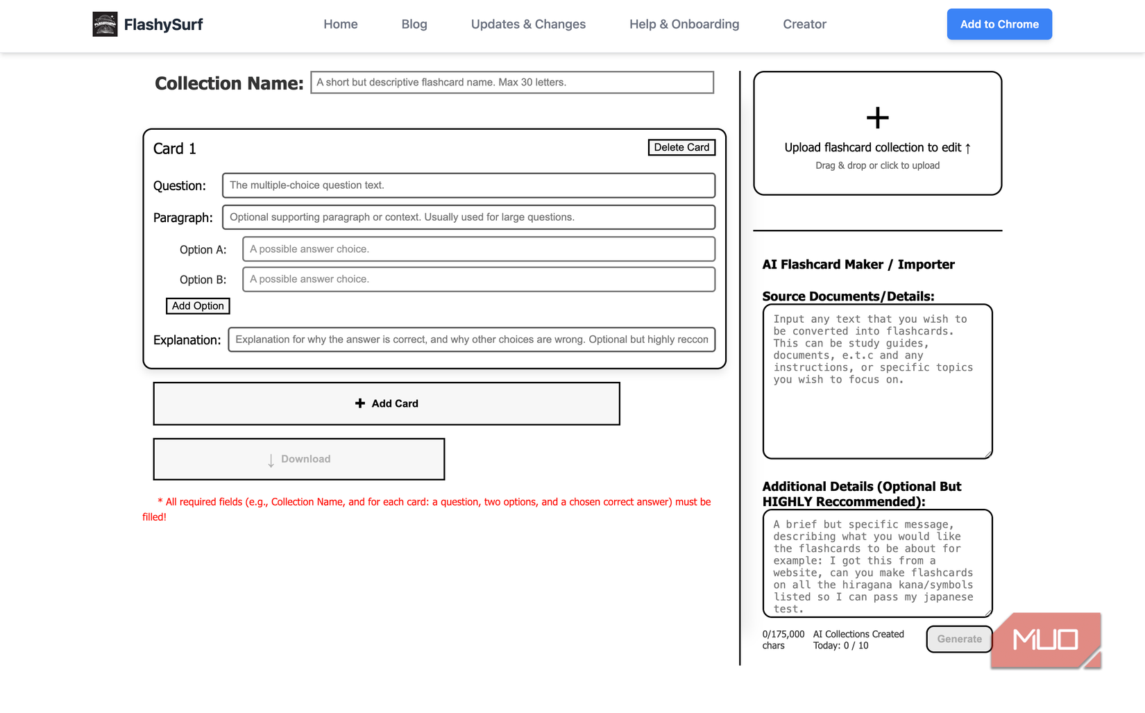 Creating own flashcards in FlashySurf