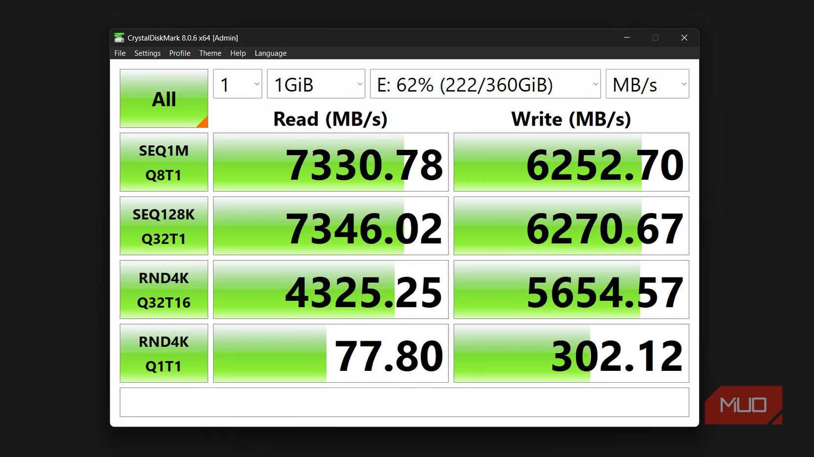 Crystaldiskmark showing read and write results for E drive.