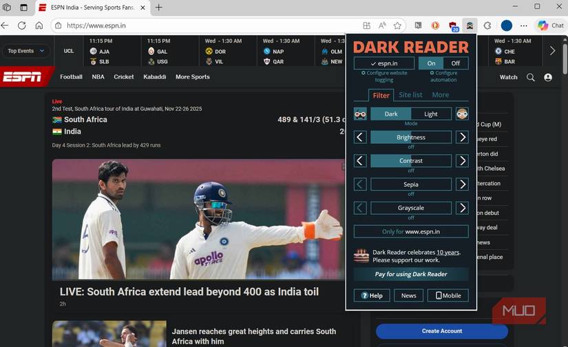 Dark Reader extension on ESPN site