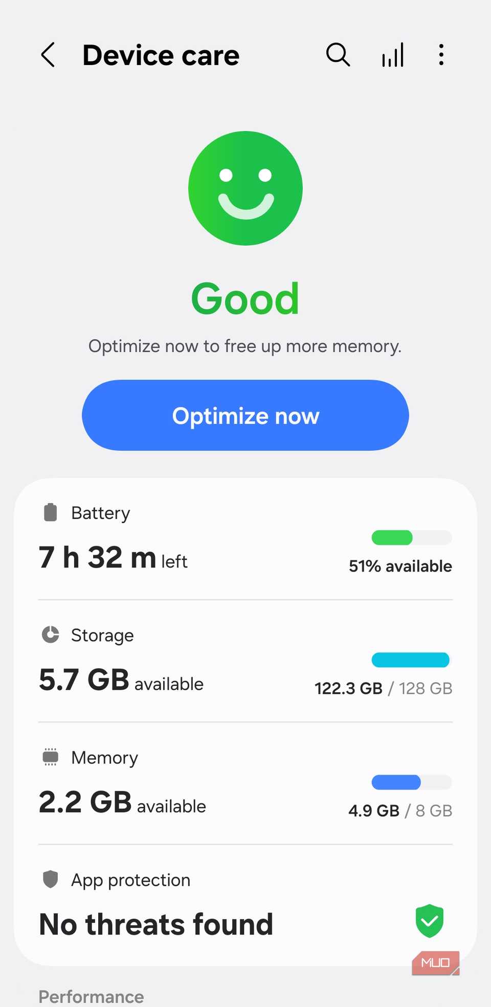 Device care menu on Android