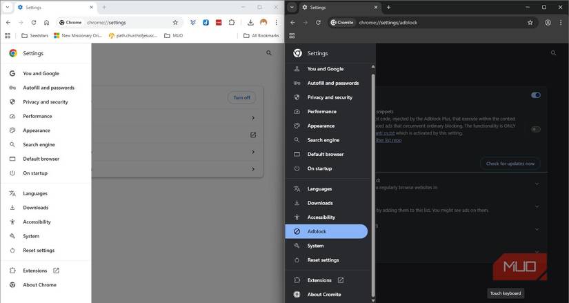 Different adblock feature set for Chrome and Cromite