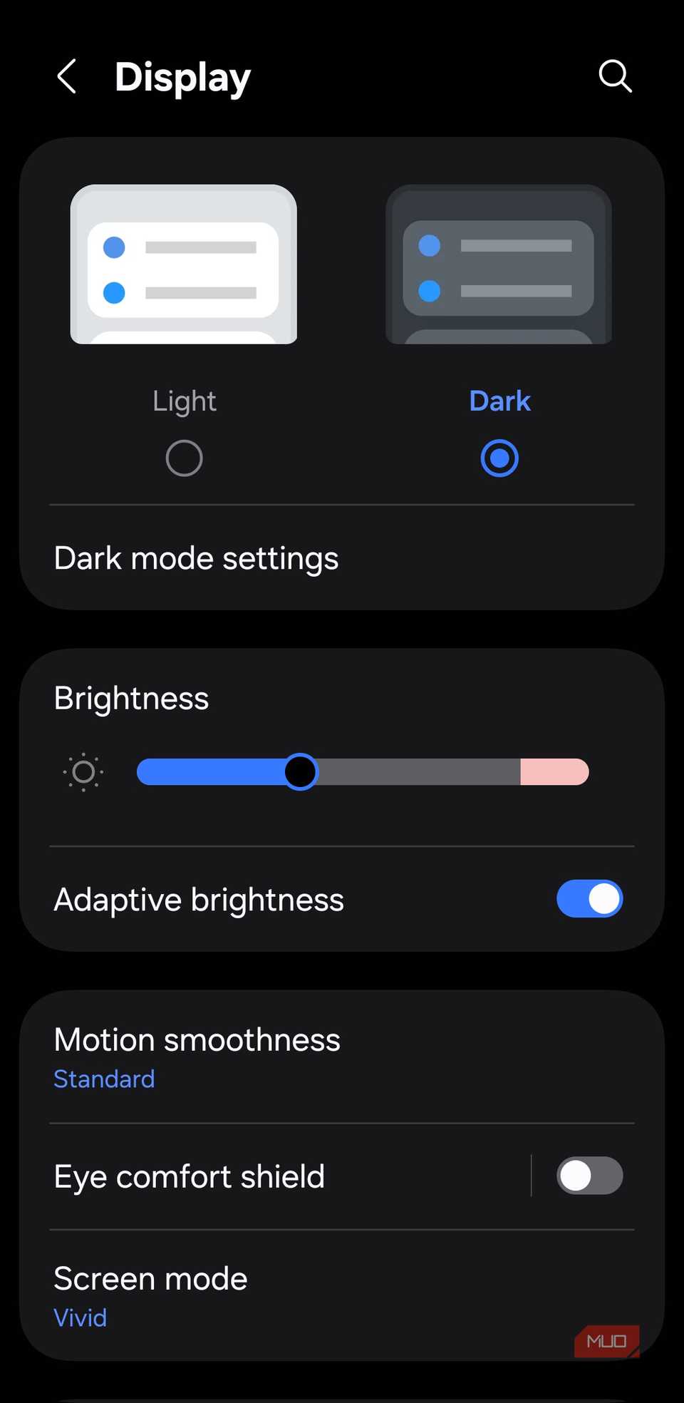 Display Settings on Android Phone in Dark Mode