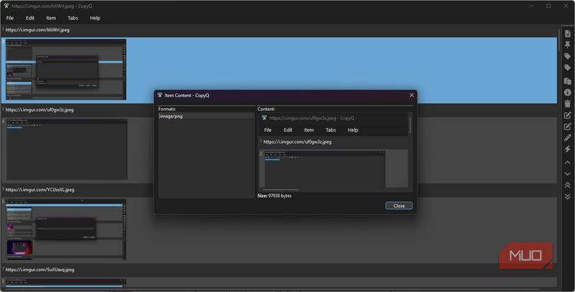 Displaying details of CopyQ stored content