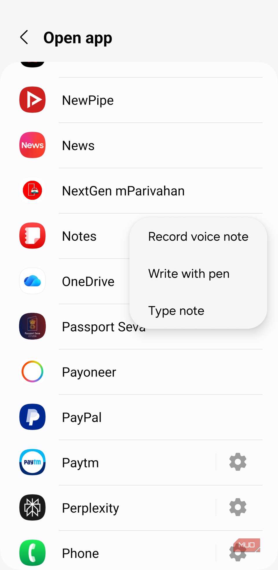 Double Back tap action menu on Samsung phone